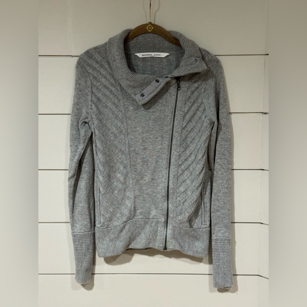 Athleta Mission Moto Wool Blend Grey Knit Sweater Jacket Size XS